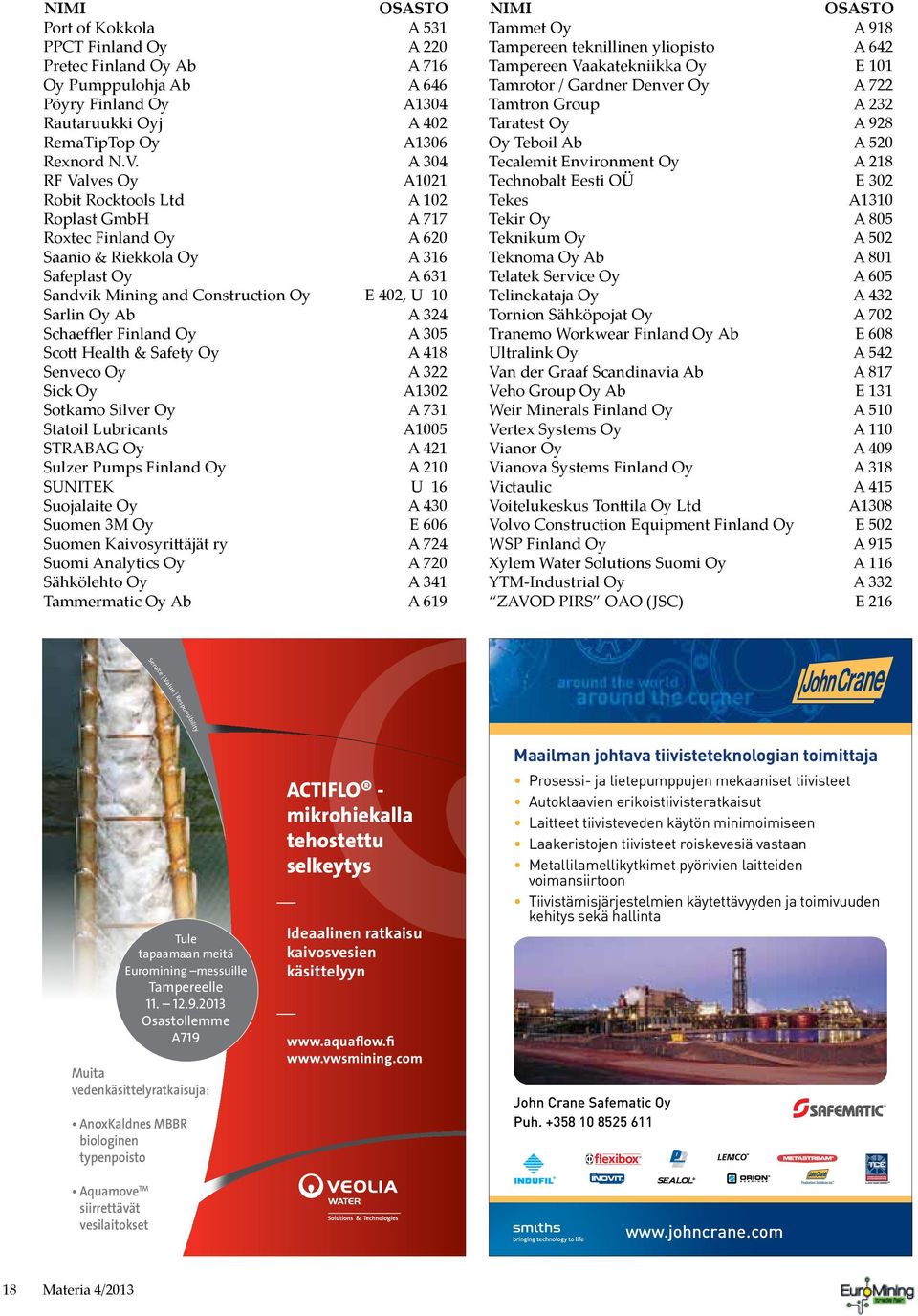 A 304 Tecalemit Environment Oy A 218 RF Valves Oy A1021 Robit Rocktools Ltd A 102 Roplast GmbH A 717 Roxtec Finland Oy A 620 Saanio & Riekkola Oy A 316 Safeplast Oy A 631 Sandvik Mining and