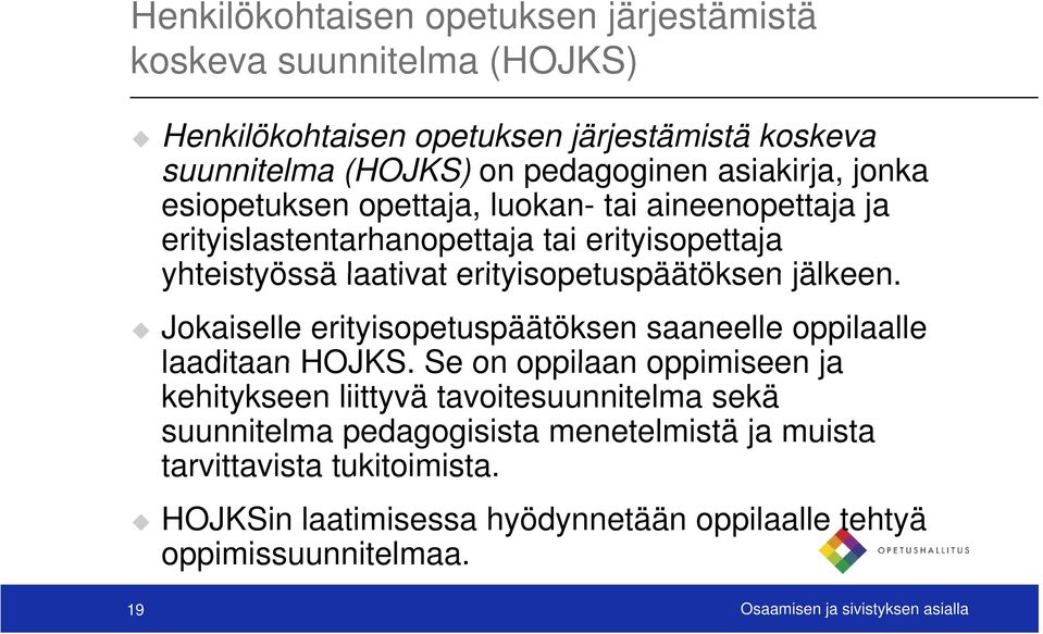 jälkeen. Jokaiselle erityisopetuspäätöksen saaneelle oppilaalle laaditaan HOJKS.