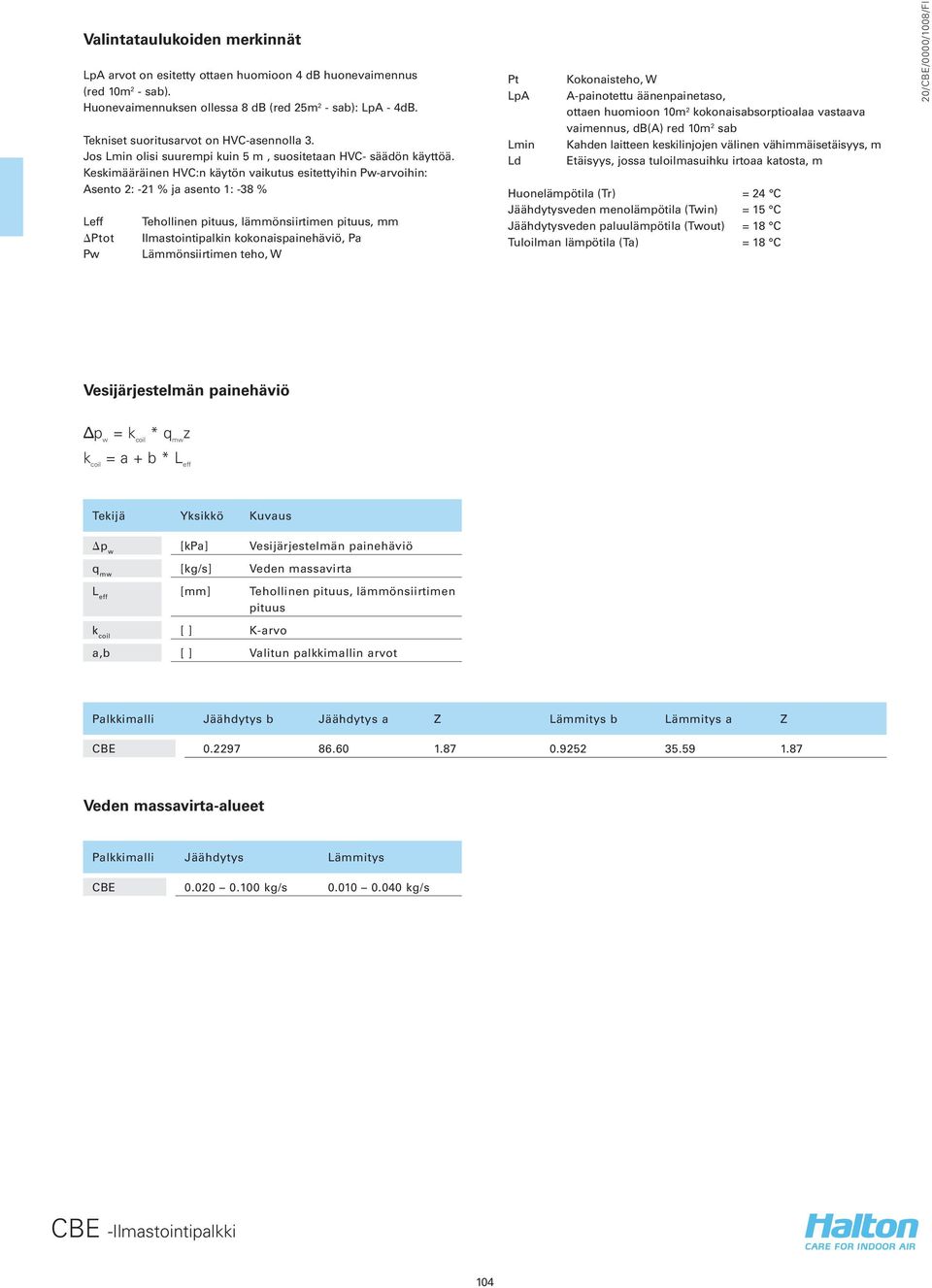 Keskimääräinen HVC:n käytön vaikutus esitettyihin Pw-arvoihin: Asento 2: -21 % ja asento 1: -38 % Leff DPtot Pw Tehollinen pituus, lämmönsiirtimen pituus, mm Ilmastointipalkin kokonaispainehäviö, Pa