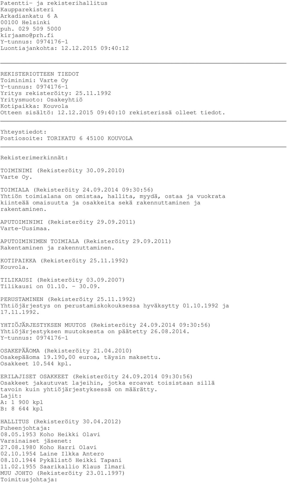 Yhteystiedot: Postiosoite: TORIKATU 6 45100 KOUVOLA Rekisterimerkinnät: TOIMINIMI (Rekisteröity 30.09.