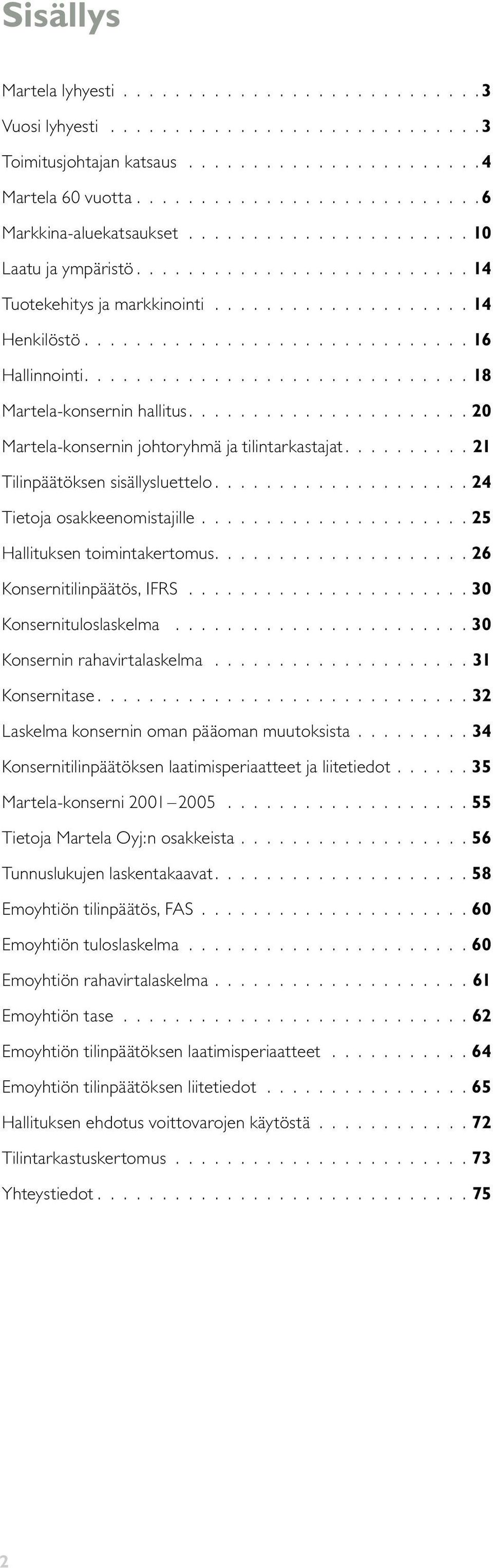 ............................. 18 Martela-konsernin hallitus...................... 20 Martela-konsernin johtoryhmä ja tilintarkastajat.......... 21 Tilinpäätöksen sisällysluettelo.