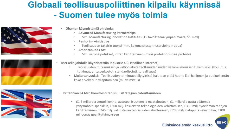 verohelpotukset, infran kehittäminen (myös protektionistisia piirteitä) Merkelin johdolla käynnistettiin Industrie 4.0.