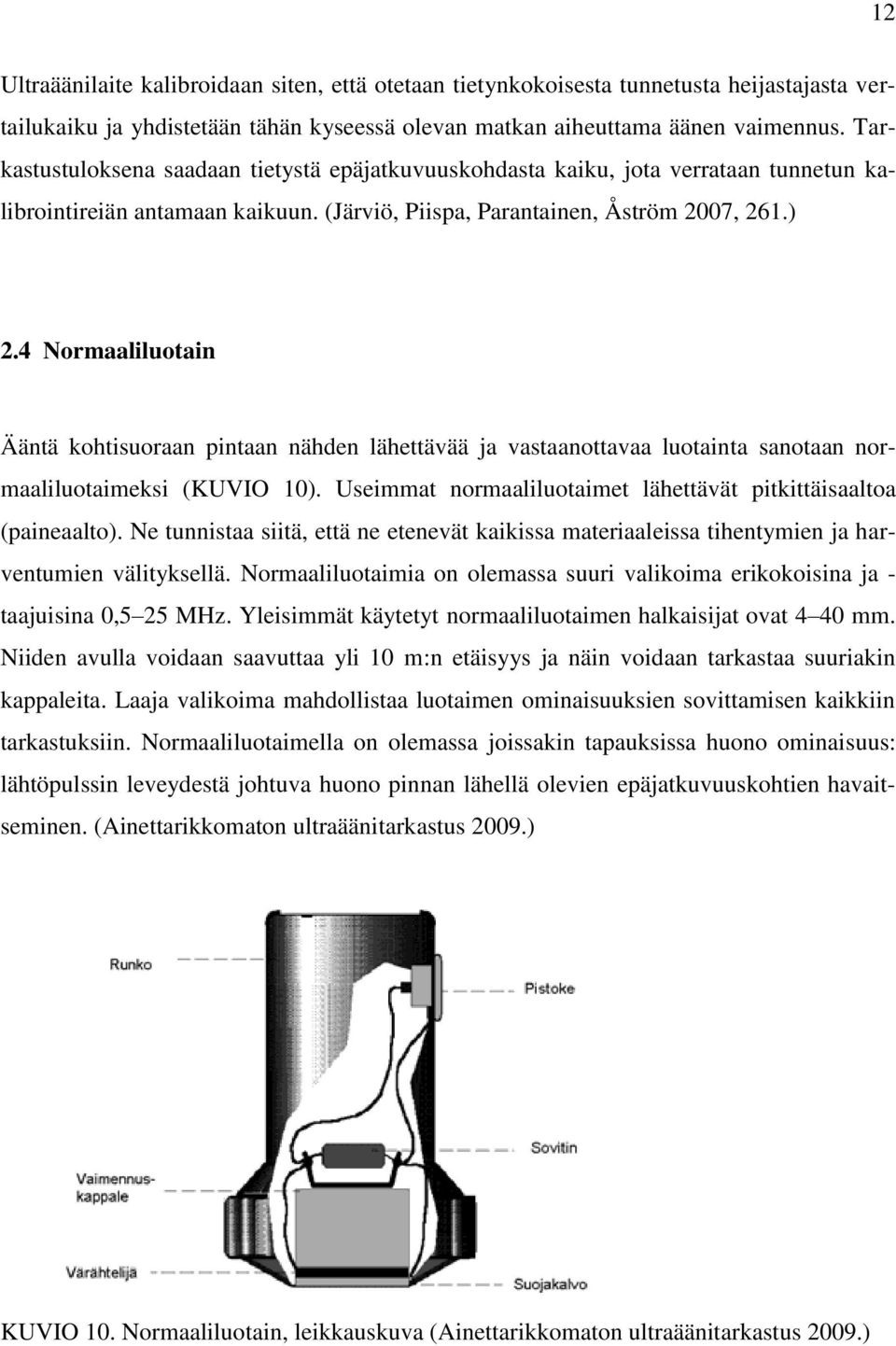 4 Normaaliluotain Ääntä kohtisuoraan pintaan nähden lähettävää ja vastaanottavaa luotainta sanotaan normaaliluotaimeksi (KUVIO 10). Useimmat normaaliluotaimet lähettävät pitkittäisaaltoa (paineaalto).