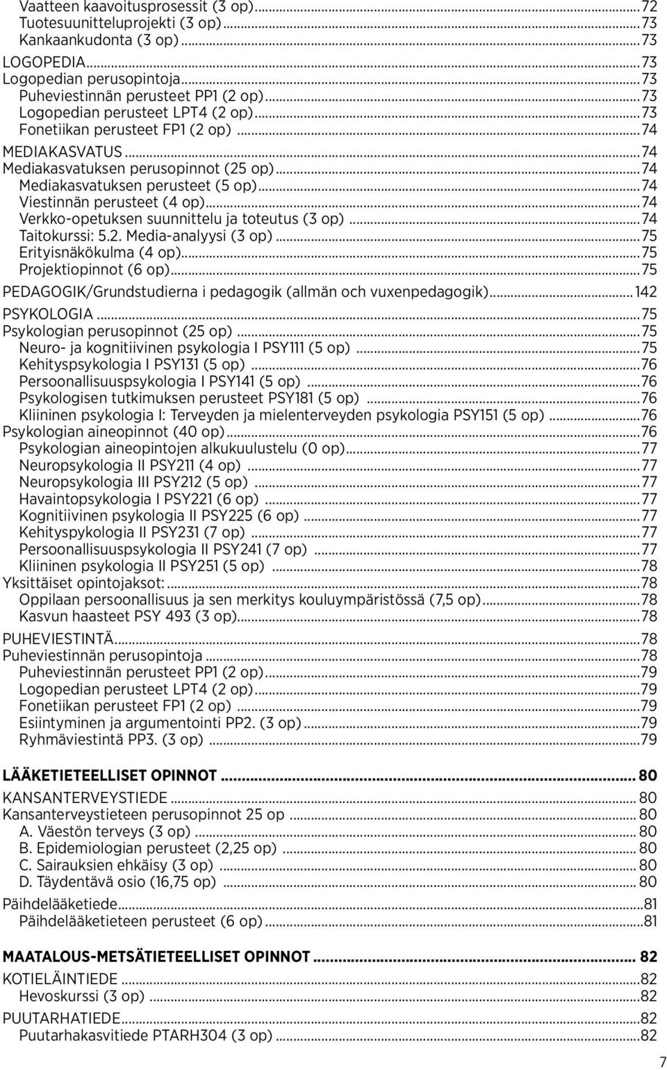 ..74 Viestinnän perusteet (4 op)...74 Verkko-opetuksen suunnittelu ja toteutus (3 op)...74 Taitokurssi: 5.2. Media-analyysi (3 op)...75 Erityisnäkökulma (4 op)...75 Projektiopinnot (6 op).