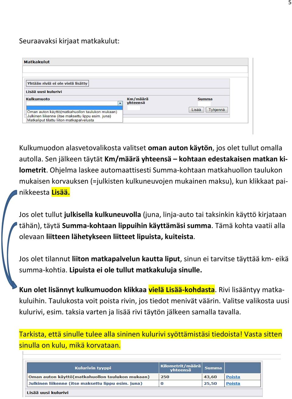 Jos olet tullut julkisella kulkuneuvolla (juna, linja-auto tai taksinkin käyttö kirjataan tähän), täytä Summa-kohtaan lippuihin käyttämäsi summa.