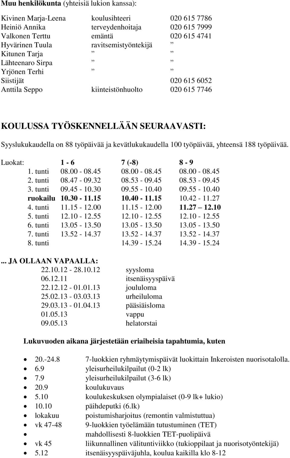 työpäivää ja kevätlukukaudella 100 työpäivää, yhteensä 188 työpäivää. Luokat: 1-6 7 (-8) 8-9 1. tunti 08.00-08.45 08.00-08.45 08.00-08.45 2. tunti 08.47-09.32 08.53-09.45 08.53-09.45 3. tunti 09.