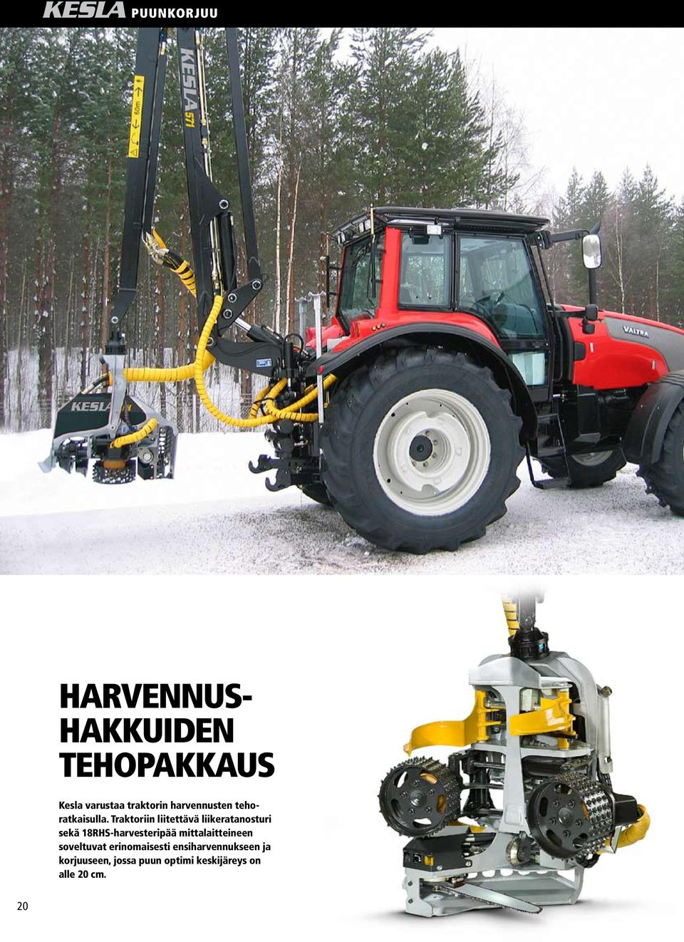 Traktoriin liitettävä liikeratanosturi sekä 18RHS-harvesteripää