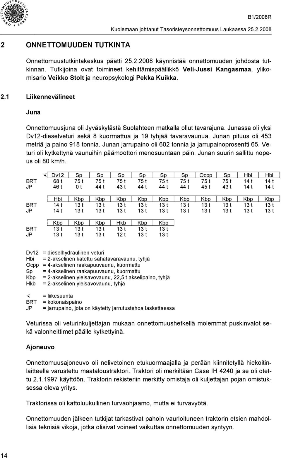 1 Liikennevälineet Juna Onnettomuusjuna oli Jyväskylästä Suolahteen matkalla ollut tavarajuna. Junassa oli yksi Dv12-dieselveturi sekä 8 kuormattua ja 19 tyhjää tavaravaunua.