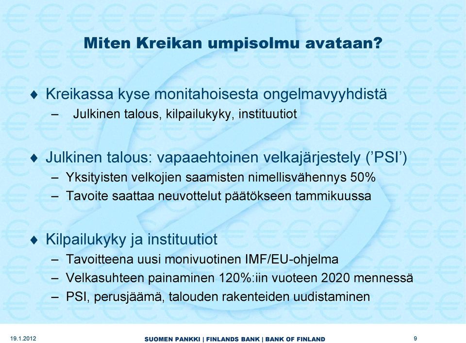 vapaaehtoinen velkajärjestely ( PSI ) Yksityisten velkojien saamisten nimellisvähennys 50% Tavoite saattaa neuvottelut