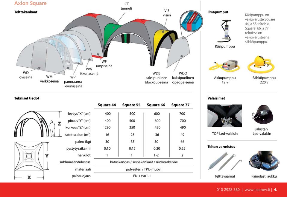 Square 44 Square 55 Square 66 Square 77 leveys X (cm) 400 500 600 700 Valaisimet pituus Y (cm) 400 500 600 700 korkeus Z (cm) 290 350 420 490 katettu alue (m²) 16 25 36 49 paino (kg) 30 35 50 66