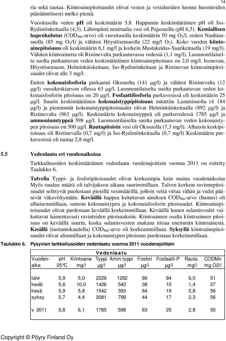 Kemiallisen hapenkulutus (COD Mn -arvo) oli vuositasolla keskimäärin 50 mg O 2 /l, eniten Nanhiansuolla (85 mg O 2 /l) ja vähiten Höystösensuolla (22 mg/l O 2 ).