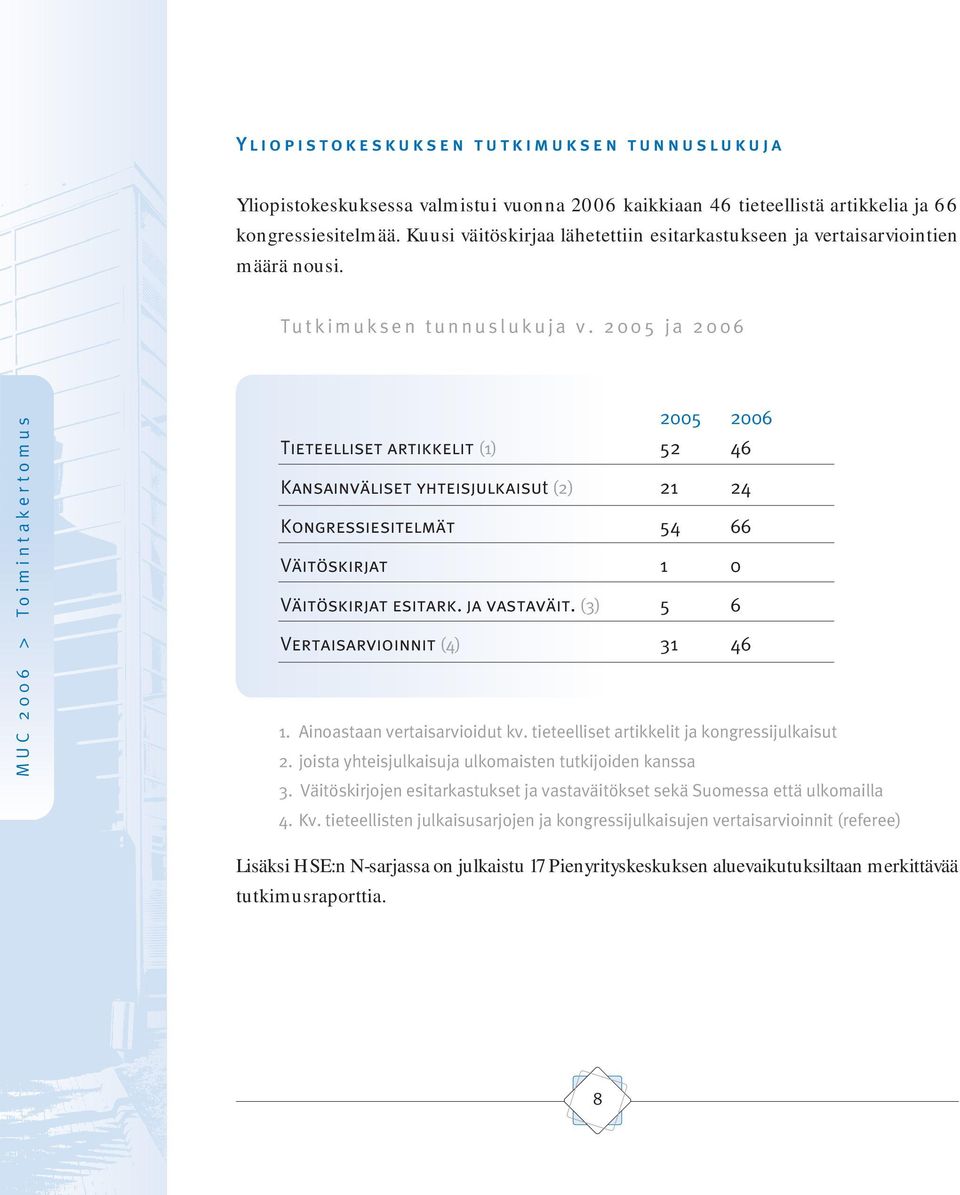 2005 ja 2006 2005 2006 Tieteelliset artikkelit (1) 52 46 Kansainväliset yhteisjulkaisut (2) 21 24 Kongressiesitelmät 54 66 Väitöskirjat 1 0 Väitöskirjat esitark. ja vastaväit.