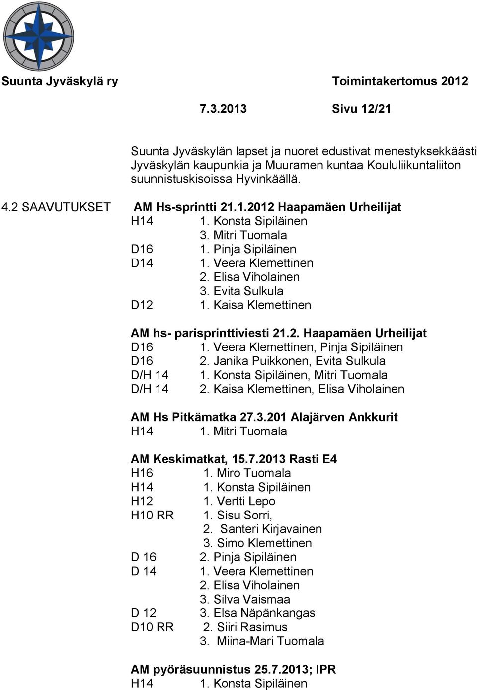 Kaisa Klemettinen AM hs- parisprinttiviesti 21.2. Haapamäen Urheilijat D16 1. Veera Klemettinen, Pinja Sipiläinen D16 2. Janika Puikkonen, Evita Sulkula D/H 14 1.
