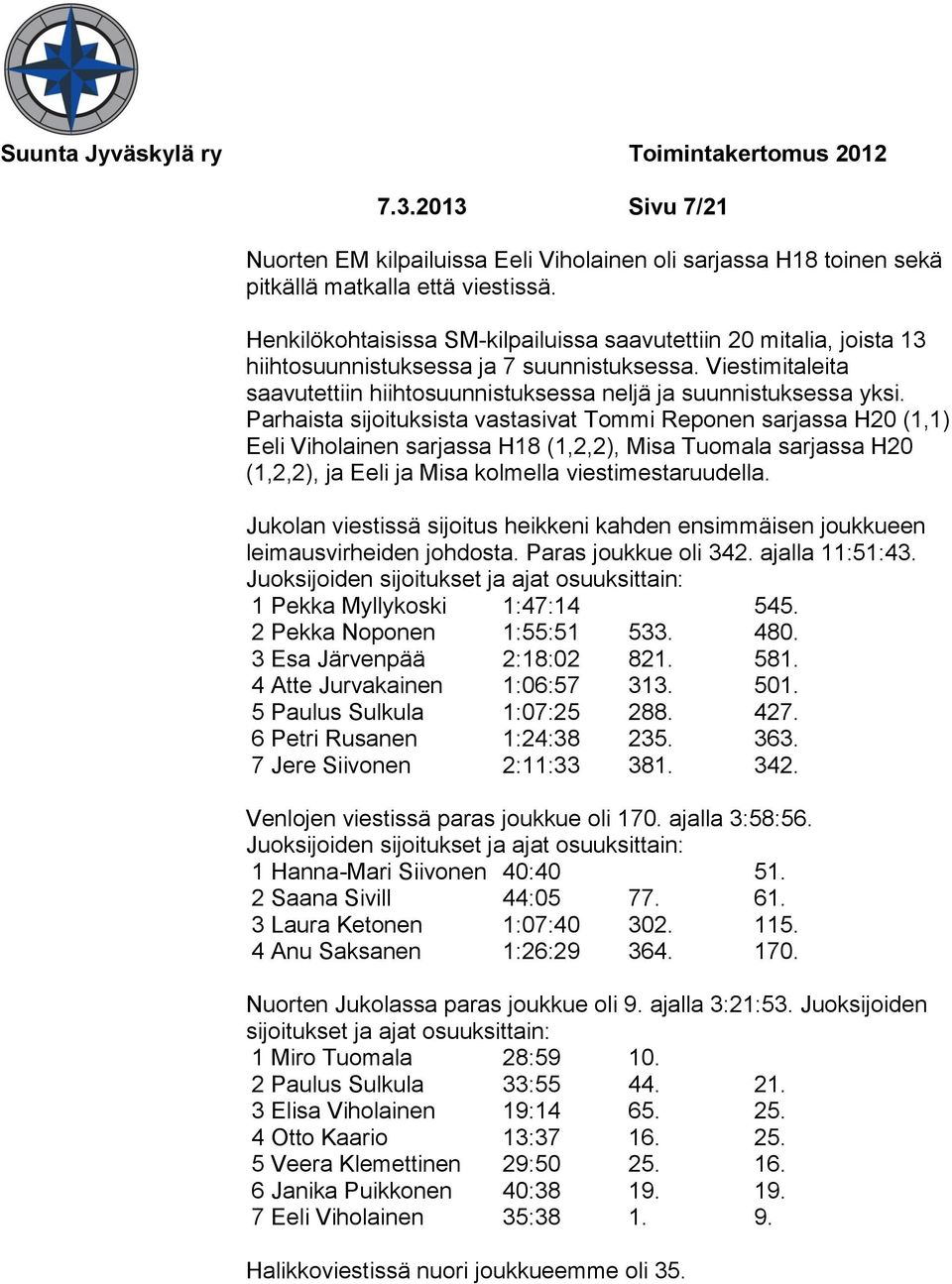 Parhaista sijoituksista vastasivat Tommi Reponen sarjassa H20 (1,1) Eeli Viholainen sarjassa H18 (1,2,2), Misa Tuomala sarjassa H20 (1,2,2), ja Eeli ja Misa kolmella viestimestaruudella.