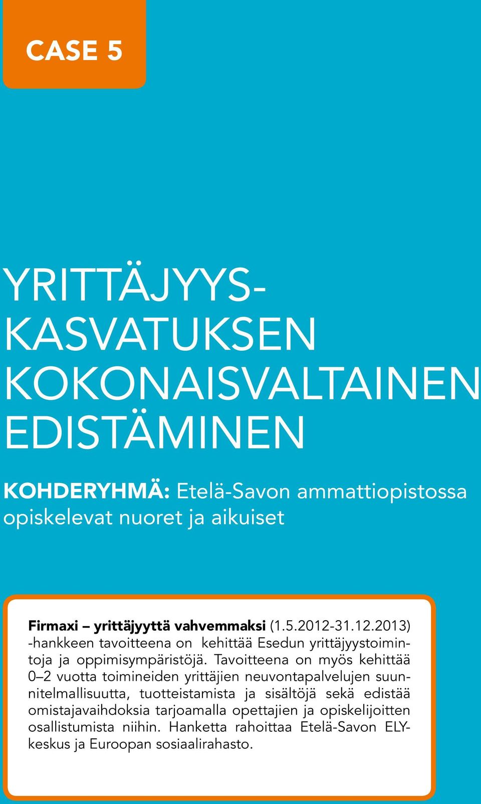 Tavoitteena on myös kehittää 0 2 vuotta toimineiden yrittäjien neuvontapalvelujen suunnitelmallisuutta, tuotteistamista ja sisältöjä sekä