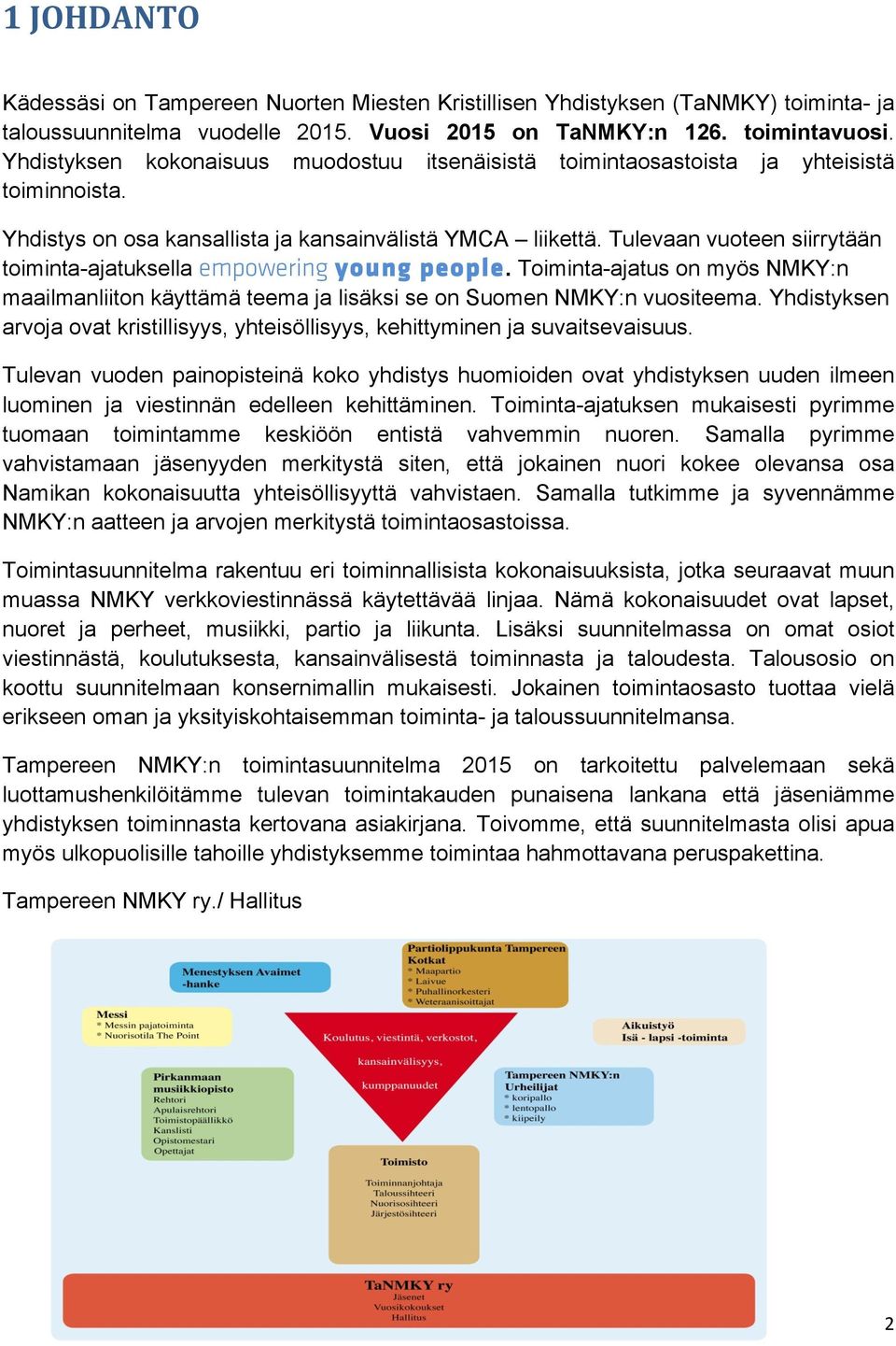 Tulevaan vuoteen siirrytään toiminta-ajatuksella empowering young people. Toiminta-ajatus on myös NMKY:n maailmanliiton käyttämä teema ja lisäksi se on Suomen NMKY:n vuositeema.