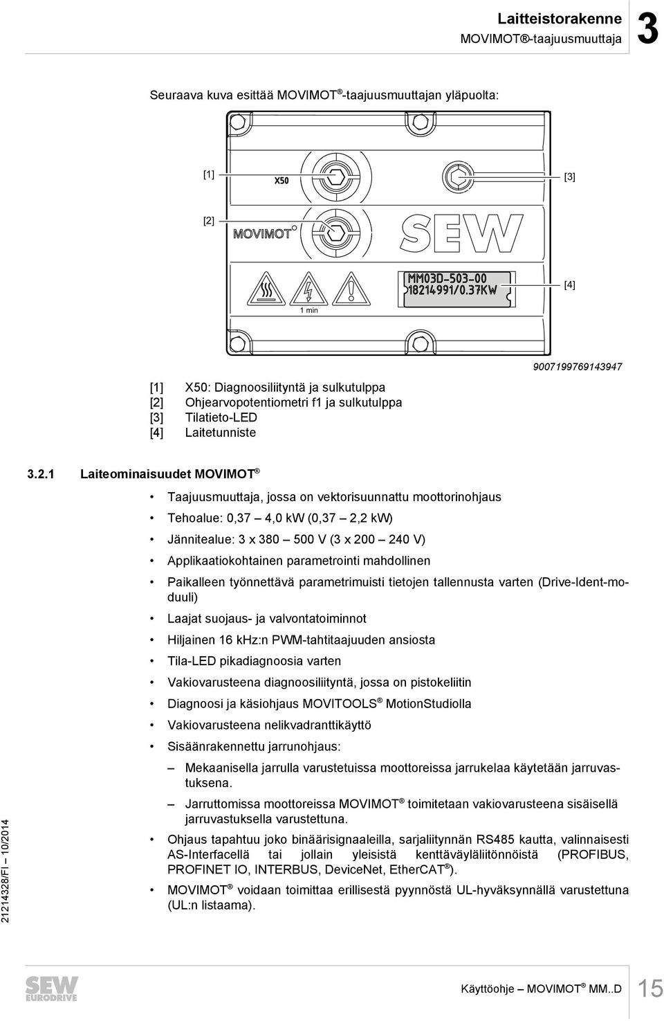 1 Laiteominaisuudet MOVIMOT Taajuusmuuttaja, jossa on vektorisuunnattu moottorinohjaus Tehoalue: 0,37 4,0 kw (0,37 2,2 kw) Jännitealue: 3 x 380 500 V (3 x 200 240 V) Applikaatiokohtainen