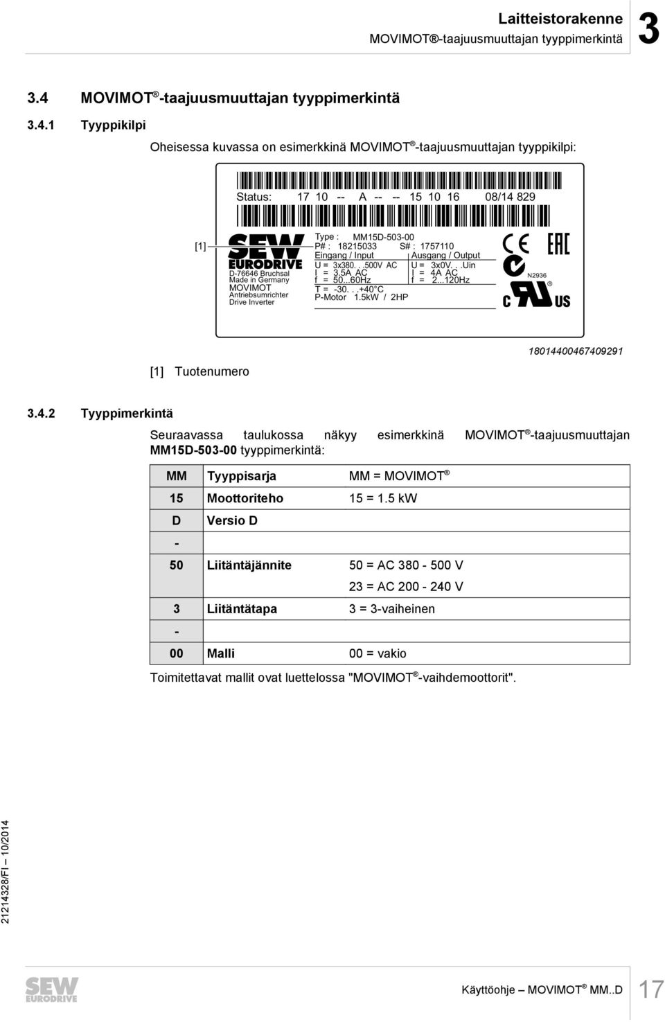 1 Tyyppikilpi Oheisessa kuvassa on esimerkkinä MOVIMOT -taajuusmuuttajan tyyppikilpi: Status: 17 10 -- A -- -- 15 10 16 08/14 829 [1] Type : MM15D-503-00 P# : 18215033 S# : 1757110 Eingang / Input