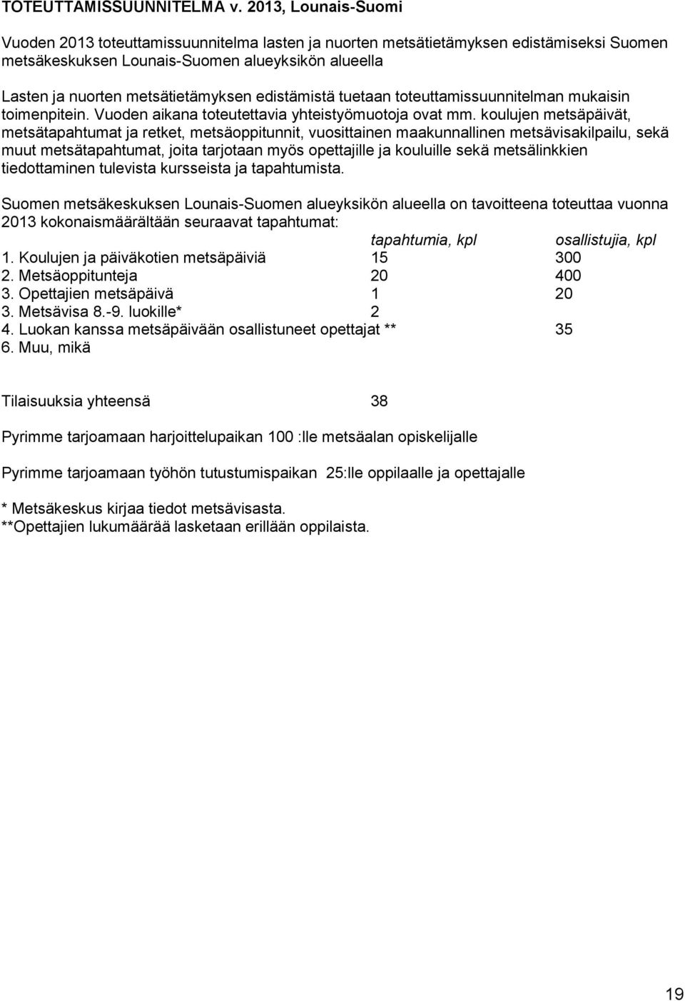 edistämistä tuetaan toteuttamissuunnitelman mukaisin toimenpitein. Vuoden aikana toteutettavia yhteistyömuotoja ovat mm.