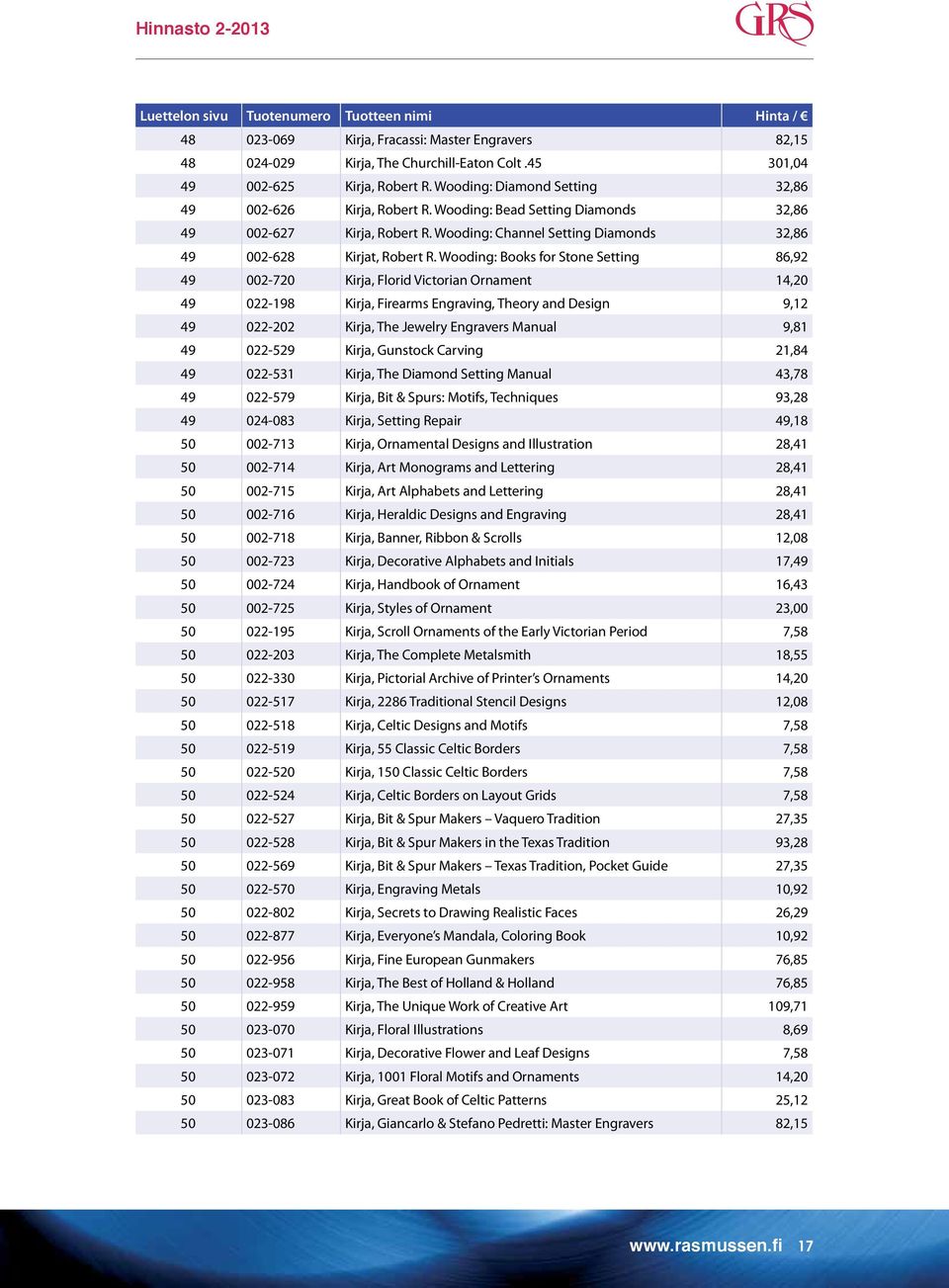 Wooding: Books for Stone Setting 86,92 49 002-720 Kirja, Florid Victorian Ornament 14,20 49 022-198 Kirja, Firearms Engraving, Theory and Design 9,12 49 022-202 Kirja, The Jewelry Engravers Manual