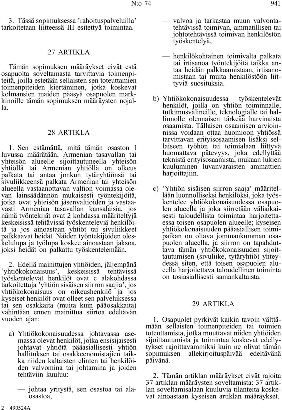 maiden pääsyä osapuolen markkinoille tämän sopimuksen määräysten nojalla. 28 ARTIKLA 1.