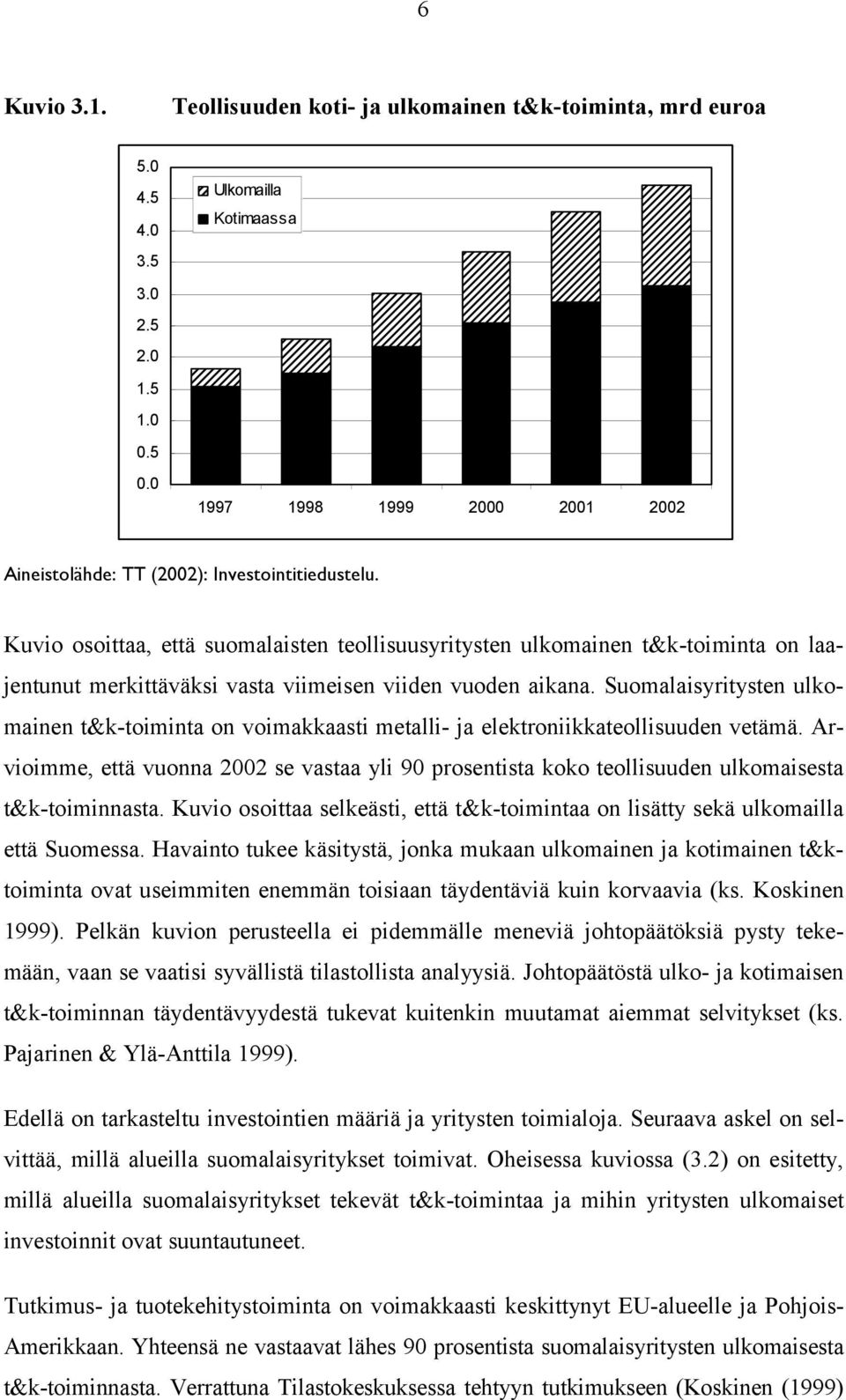 Kuvio osoittaa, että suomalaisten teollisuusyritysten ulkomainen t&k-toiminta on laajentunut merkittäväksi vasta viimeisen viiden vuoden aikana.