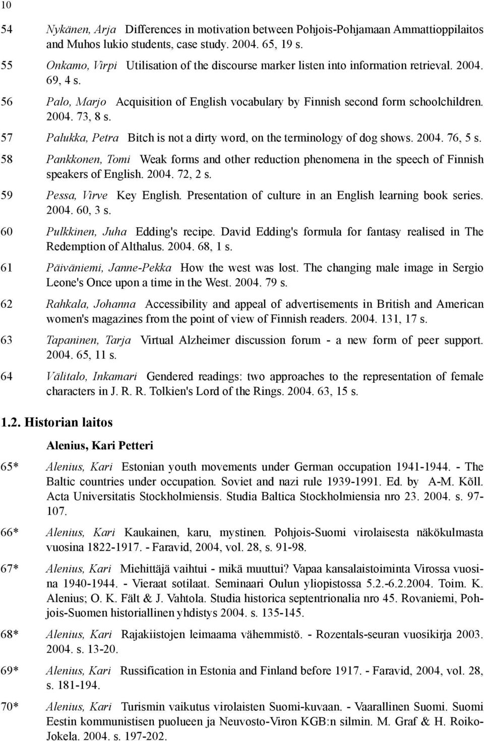 57 Palukka, Petra Bitch is not a dirty word, on the terminology of dog shows. 2004. 76, 5 s. 58 Pankkonen, Tomi Weak forms and other reduction phenomena in the speech of Finnish speakers of English.