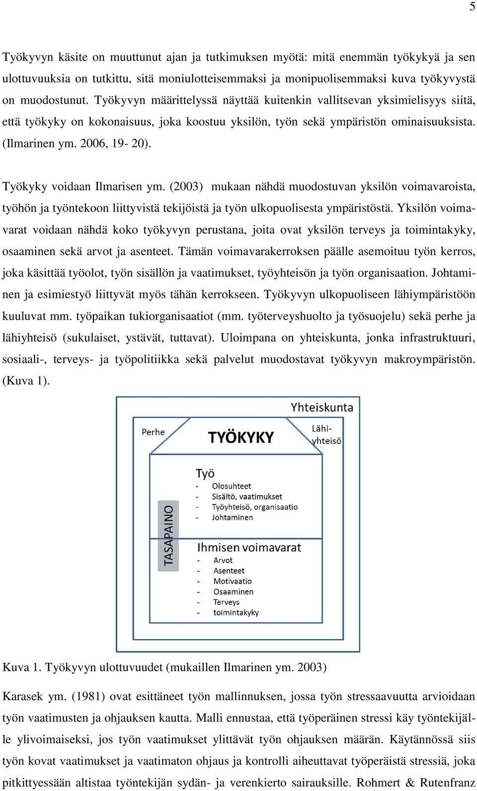 Työkyky voidaan Ilmarisen ym. (2003) mukaan nähdä muodostuvan yksilön voimavaroista, työhön ja työntekoon liittyvistä tekijöistä ja työn ulkopuolisesta ympäristöstä.