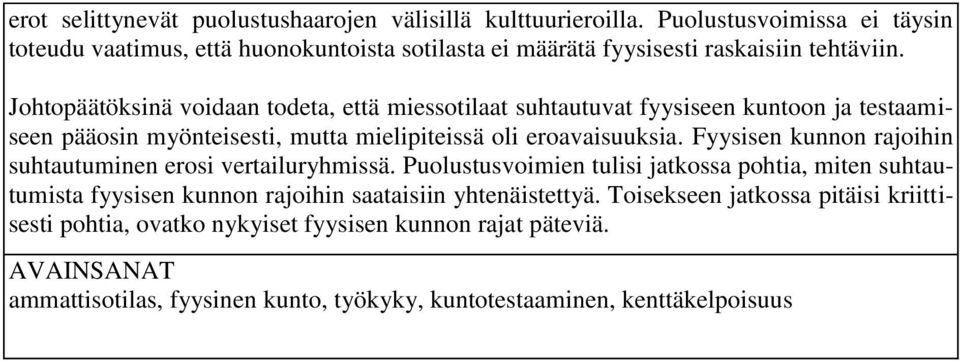 Johtopäätöksinä voidaan todeta, että miessotilaat suhtautuvat fyysiseen kuntoon ja testaamiseen pääosin myönteisesti, mutta mielipiteissä oli eroavaisuuksia.