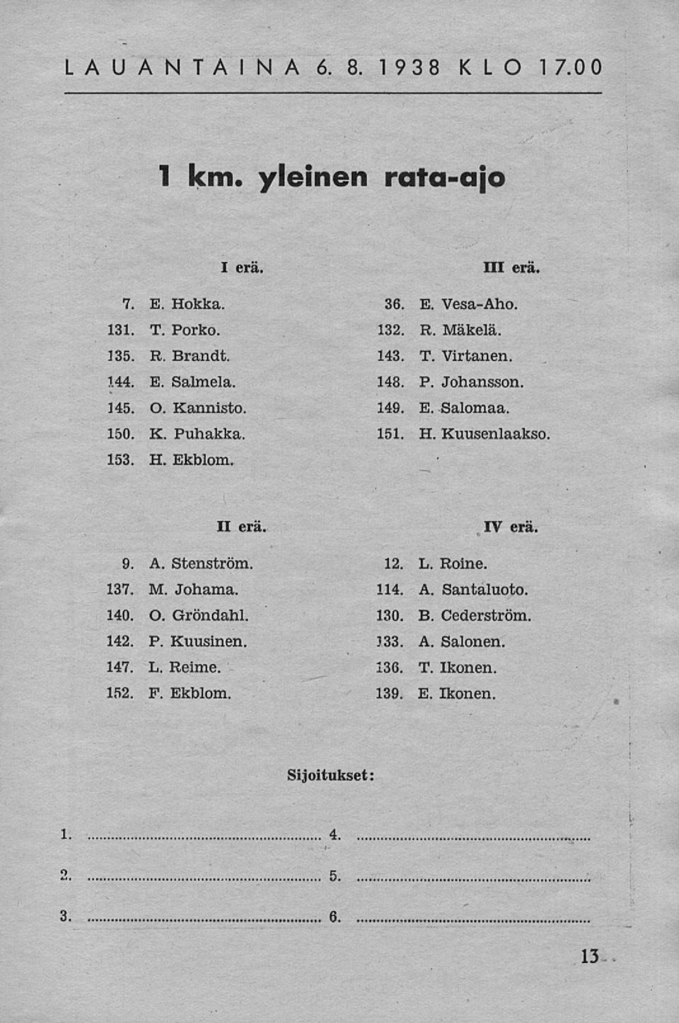 151. H. Kuusenlaakso II erä. IV erä. 9. A. Stenström. 137. M. Johama. 140. O. Gröndahl. 142. P. Kuusinen. 12. L. Roine. 114. A. Santaluoto.