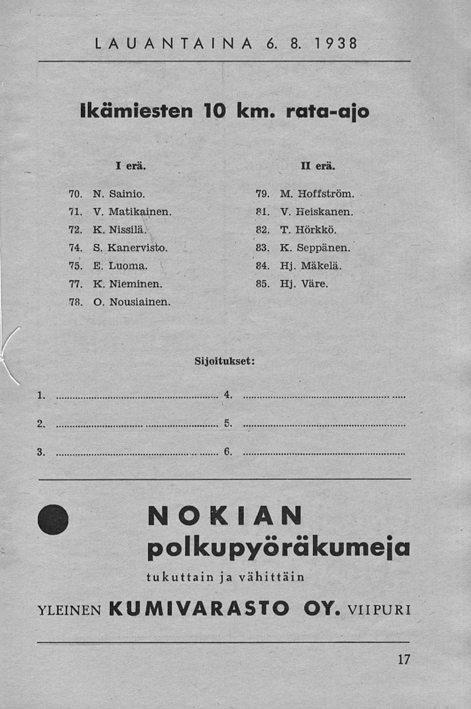 Hoffström. 81. V. Heiskanen. 82. T. Hörkkö. 83. K. Seppänen. 84. Hj. Mäkelä. 85. Hj. Väre.