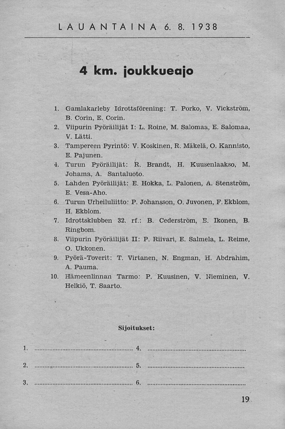 Stenström, E. Vesa-Aho. 6. Turun Urheiluliitto: P. Johansson, O. Juvonen, F.Ekblom, H. Ekblom. 7. Idrottsklubben 32. rf.: B. Cederström, E. Ikonen, B. Ringbom. 8. Viipurin Pyöräilijät II: P.