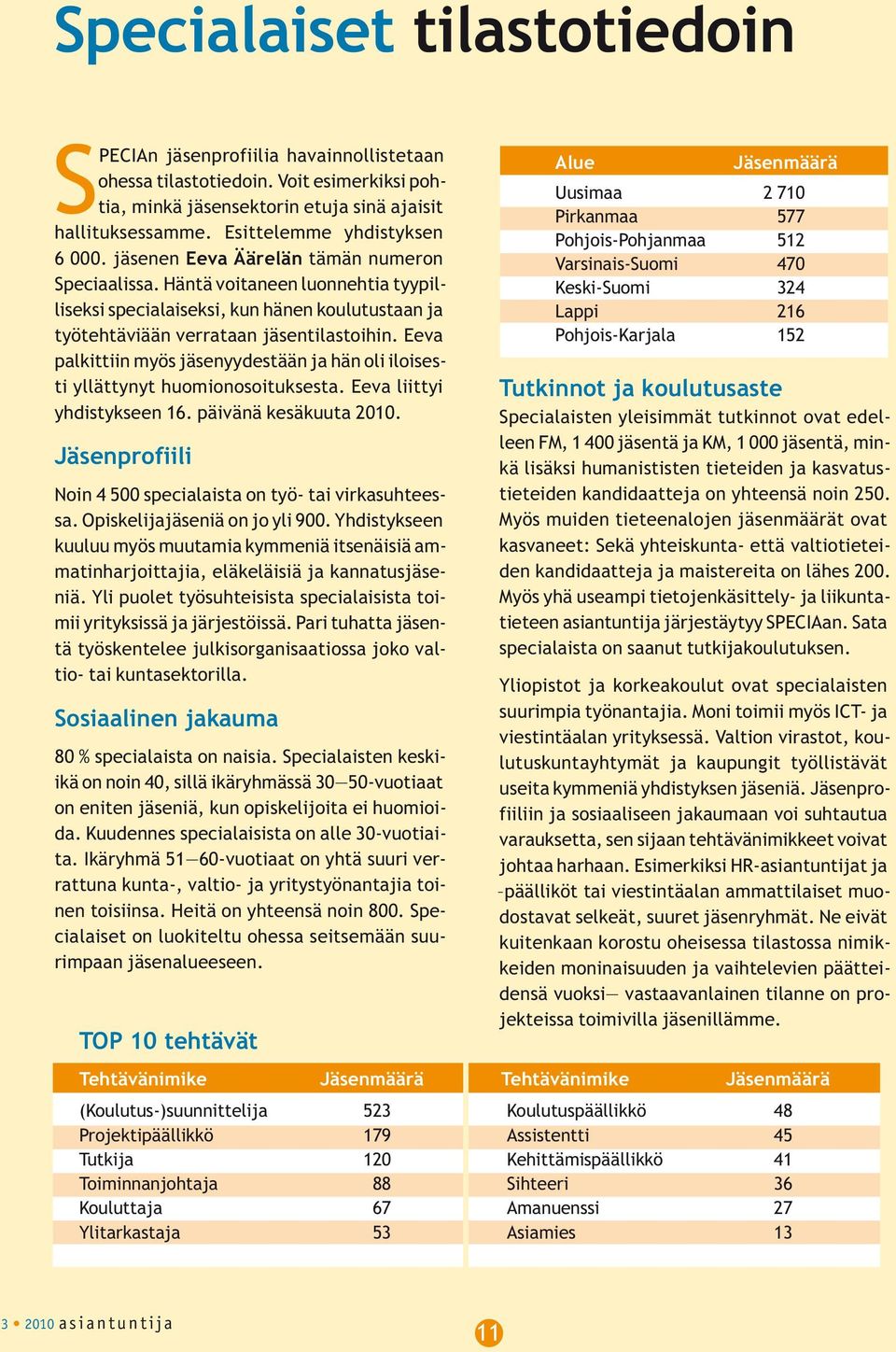 Häntä voitaneen luonnehtia tyypilliseksi specialaiseksi, kun hänen koulutustaan ja työtehtäviään verrataan jäsentilastoihin.