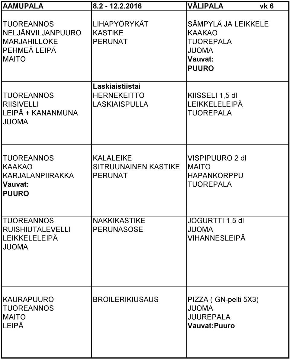 Laskiaistiistai TUOREANNOS HERNEKEITTO KIISSELI 1,5 dl RIISIVELLI LASKIAISPULLA LEIKKELELEIPÄ LEIPÄ + KANANMUNA TUOREANNOS