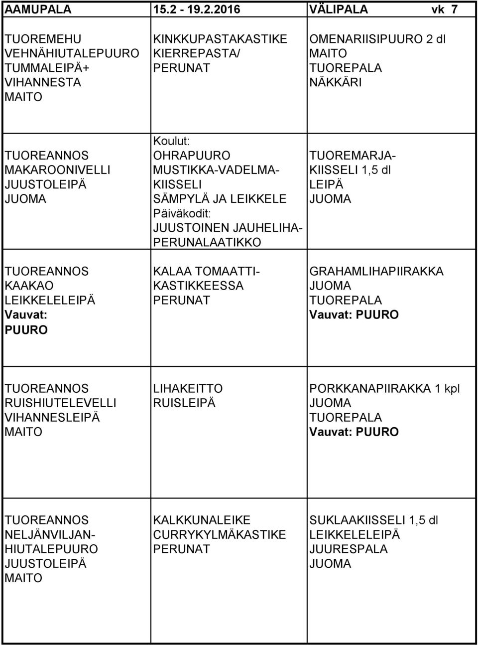 TUOREMARJA- MAKAROONIVELLI MUSTIKKA-VADELMA- KIISSELI 1,5 dl JUUSTOLEIPÄ KIISSELI LEIPÄ SÄMPYLÄ JA LEIKKELE Päiväkodit: JUUSTOINEN JAUHELIHA- PERUNALAATIKKO