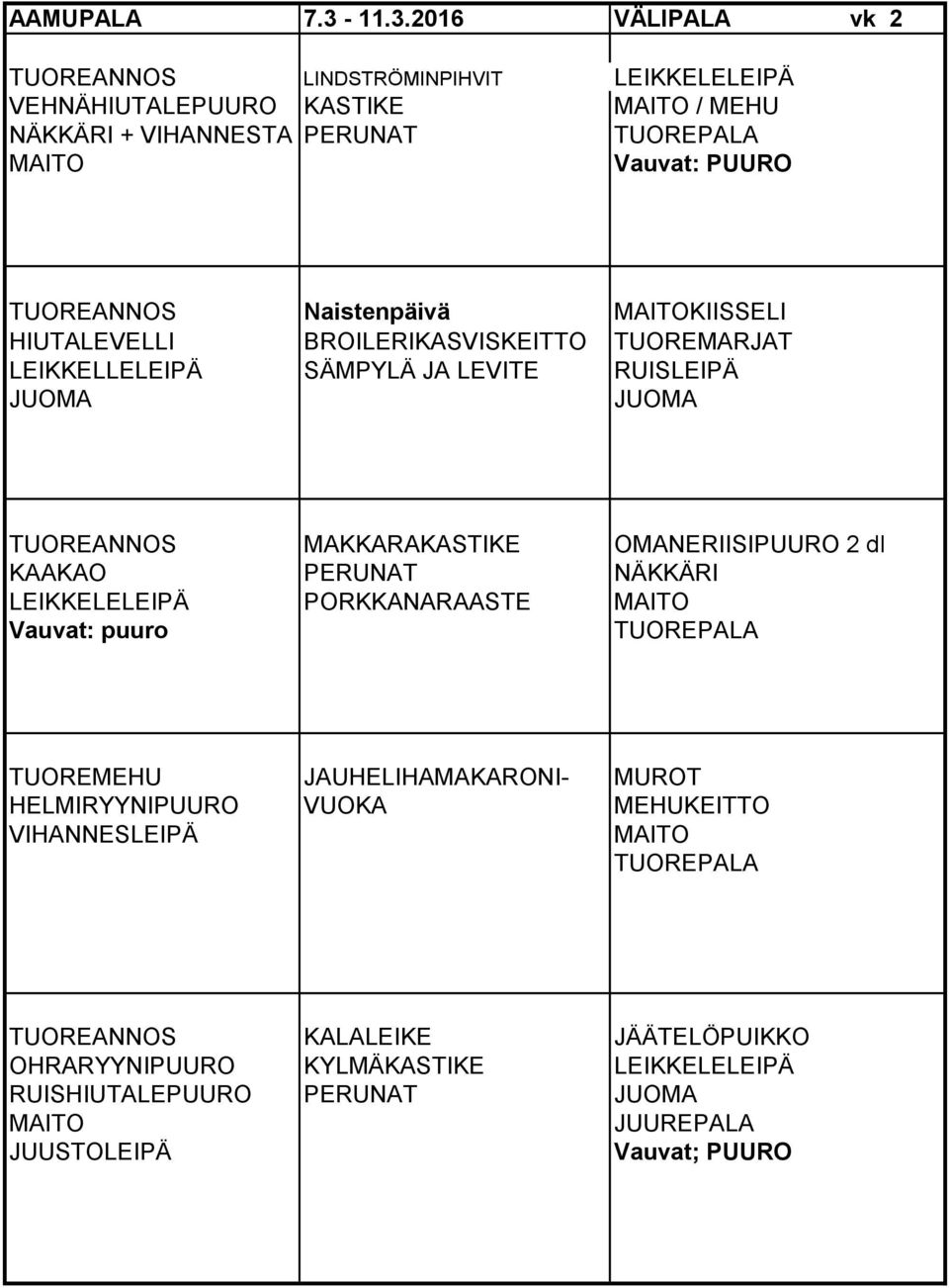 Naistenpäivä KIISSELI HIUTALEVELLI BROILERIKASVISKEITTO TUOREMARJAT LEIKKELLELEIPÄ SÄMPYLÄ JA LEVITE RUISLEIPÄ TUOREANNOS MAKKARAKASTIKE