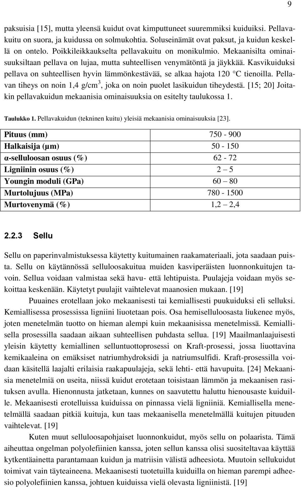 Kasvikuiduksi pellava on suhteellisen hyvin lämmönkestävää, se alkaa hajota 120 C tienoilla. Pellavan tiheys on noin 1,4 g/cm 3, joka on noin puolet lasikuidun tiheydestä.