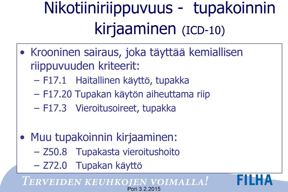 1 Haitallinen käyttö, tupakka F17.20 Tupakan käytön aiheuttama riip F17.