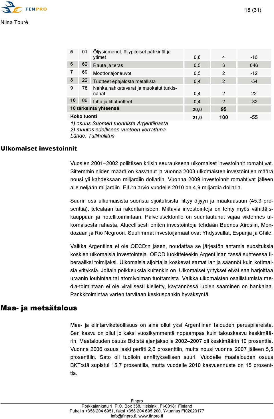 Argentiinasta 2) muutos edelliseen vuoteen verrattuna Lähde: Tullihallitus Vuosien 2001 2002 poliittisen kriisin seurauksena ulkomaiset investoinnit romahtivat.