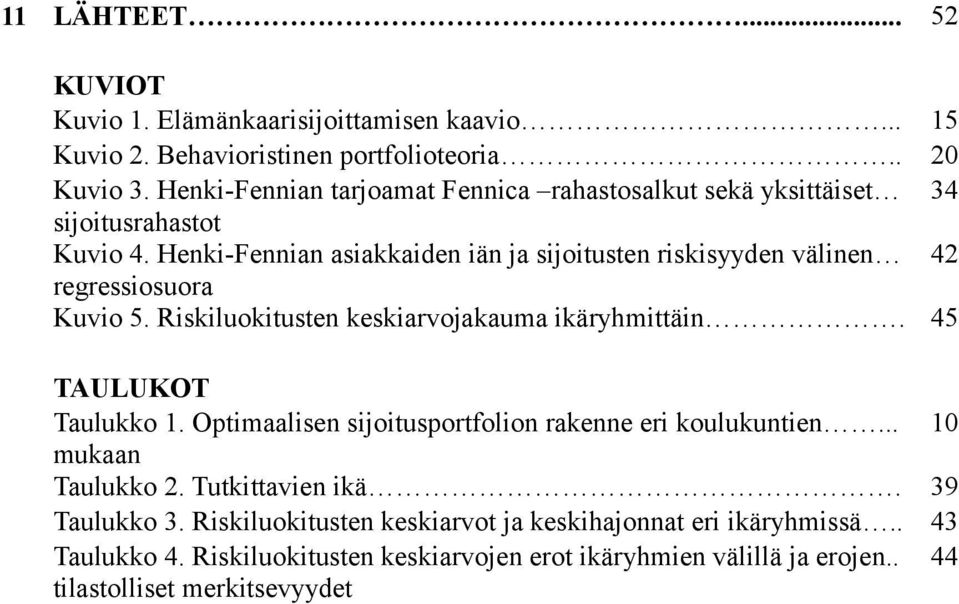 Henki-Fennian asiakkaiden iän ja sijoitusten riskisyyden välinen 42 regressiosuora Kuvio 5. Riskiluokitusten keskiarvojakauma ikäryhmittäin. 45 TAULUKOT Taulukko 1.