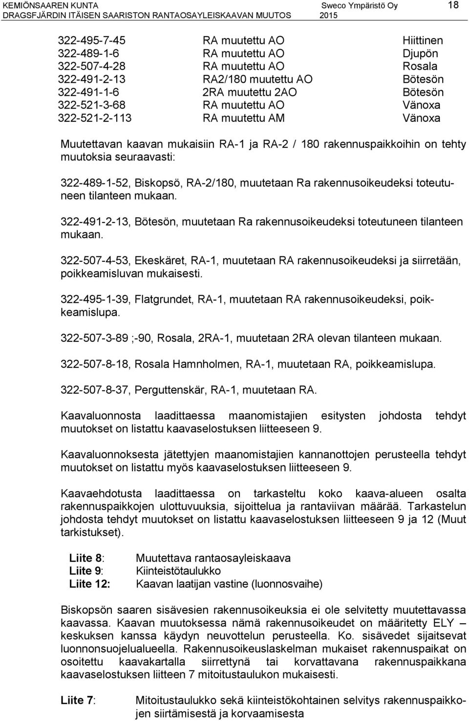 seuraavasti: 322-489-1-52, Biskopsö, RA-2/180, muutetaan Ra rakennusoikeudeksi toteutuneen tilanteen mukaan. 322-491-2-13, Bötesön, muutetaan Ra rakennusoikeudeksi toteutuneen tilanteen mukaan.