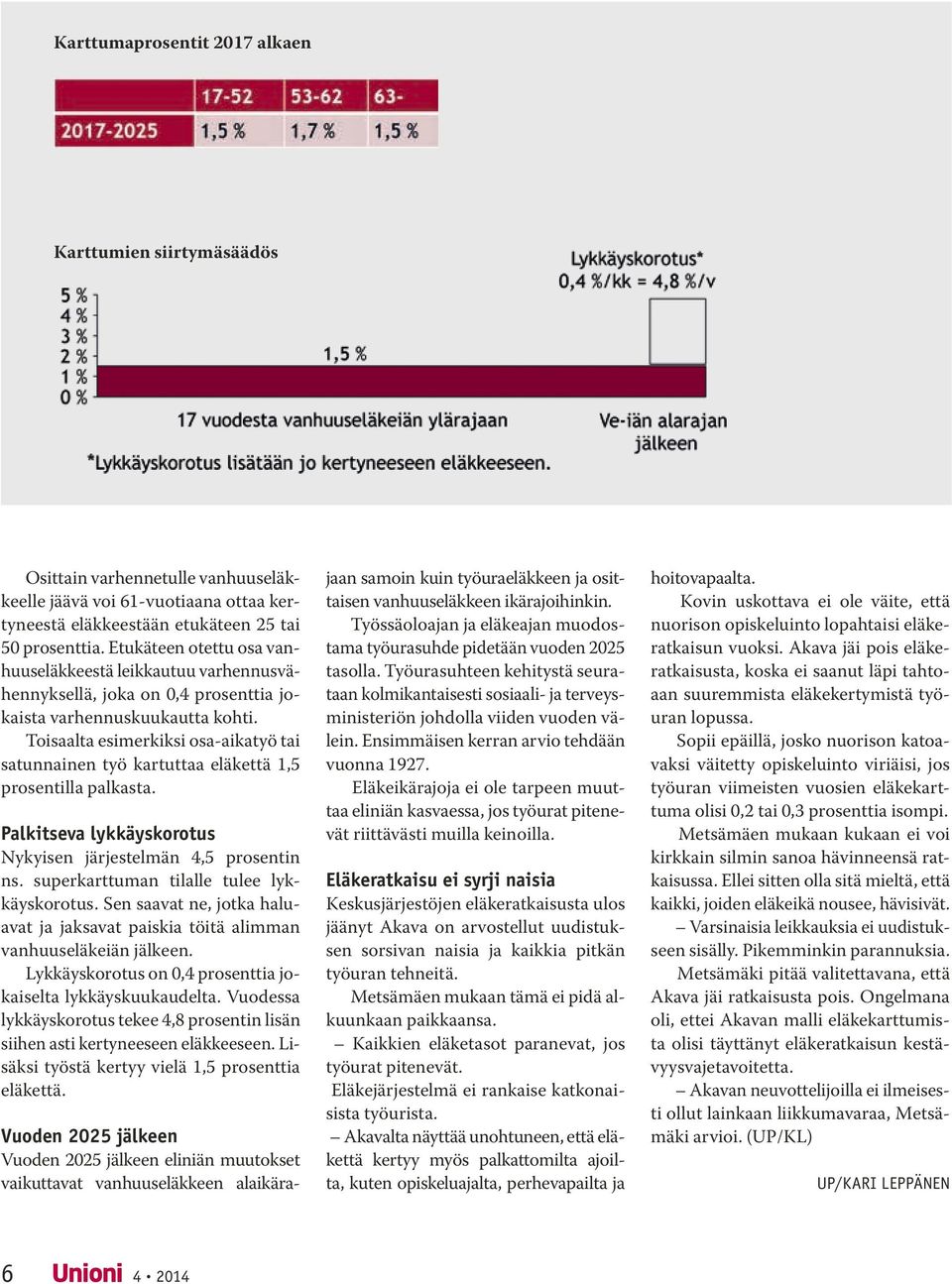 Toisaalta esimerkiksi osa-aikatyö tai satunnainen työ kartuttaa eläkettä 1,5 prosentilla palkasta. Palkitseva lykkäyskorotus Nykyisen järjestelmän 4,5 prosentin ns.