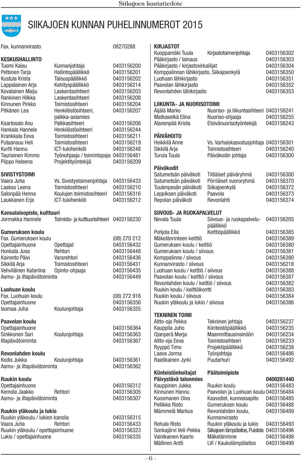 0403156214 Kovalainen Maiju Laskentasihteeri 0403156203 Rankinen Hilkka Laskentasihteeri 0403156208 Kinnunen Pirkko Toimistosihteeri 0403156204 Pitkänen Lea Henkilöstösihteeri, 0403156207