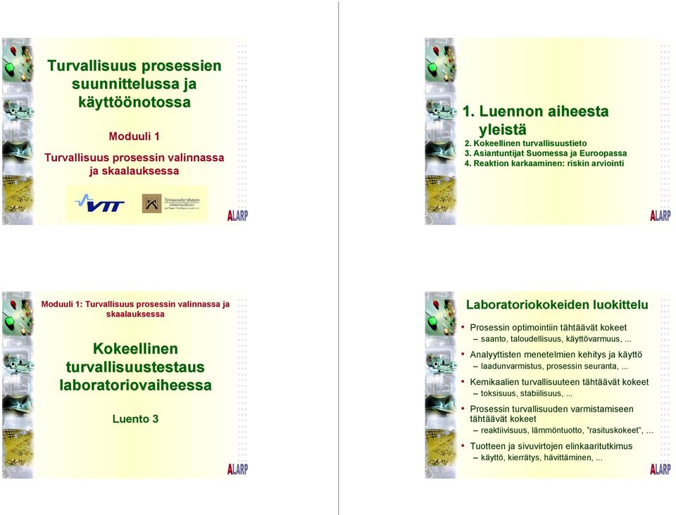 Reaktion karkaaminen: riskin arviointi Moduuli 1: Turvallisuus prosessin valinnassa ja skaalauksessa Kokeellinen turvallisuustestaus laboratoriovaiheessa Luento 3 Laboratoriokokeiden luokittelu