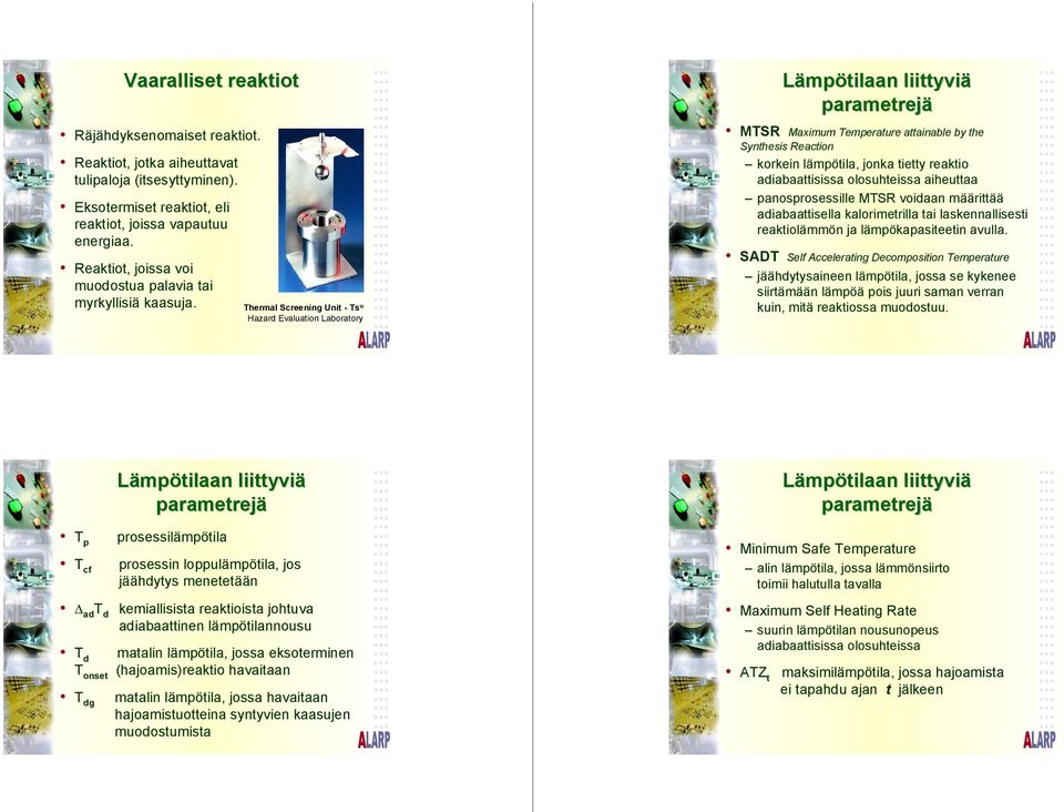 Thermal Screening Unit - Ts u Hazard Evaluation Laboratory Lämpötilaan liittyviä parametrejä MTSR Maximum Temperature attainable by the Synthesis Reaction korkein lämpötila, jonka tietty reaktio