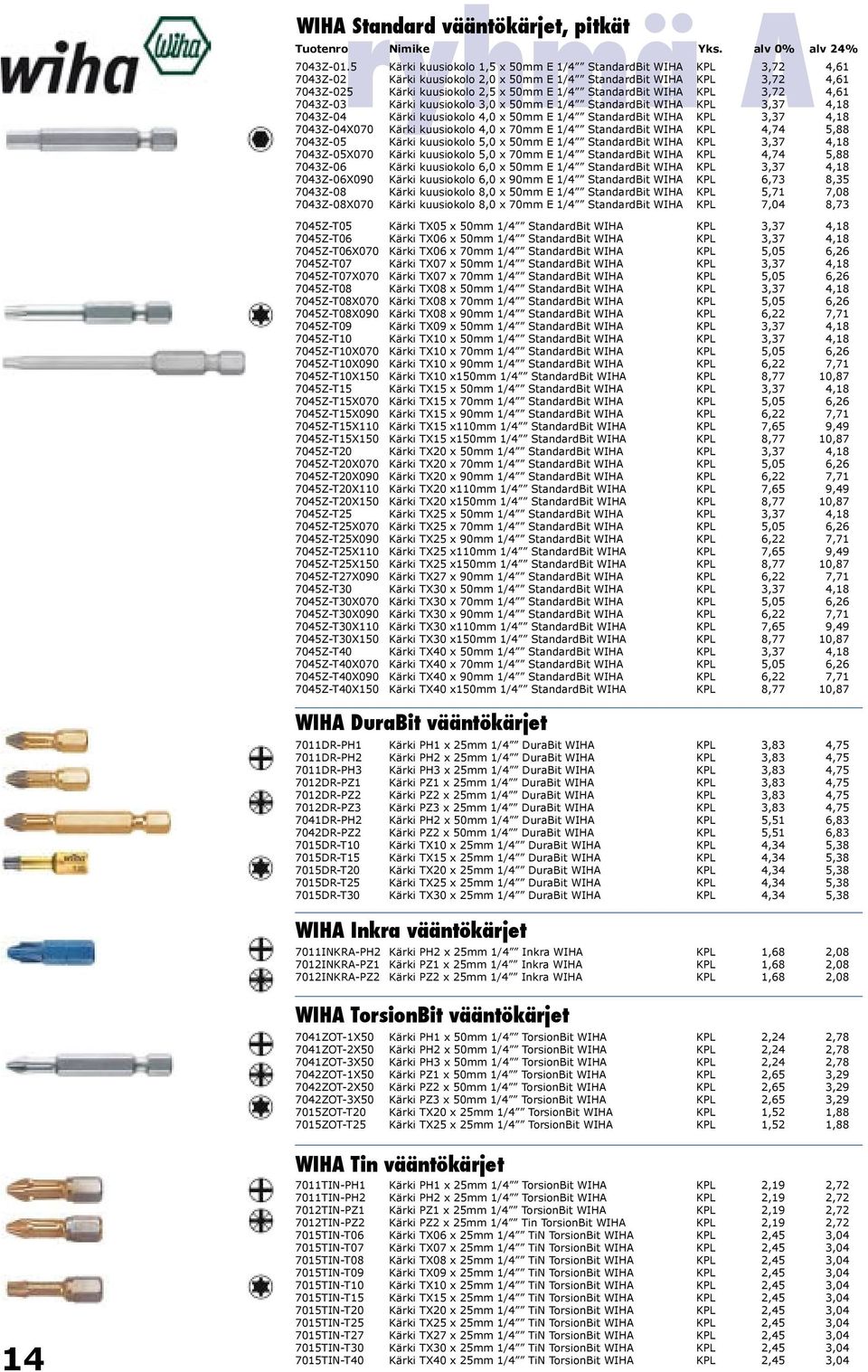 WIHA KPL 3,72 4,61 7043Z-03 Kärki kuusiokolo 3,0 x 50mm E 1/4 StandardBit WIHA KPL 3,37 4,18 7043Z-04 Kärki kuusiokolo 4,0 x 50mm E 1/4 StandardBit WIHA KPL 3,37 4,18 7043Z-04X070 Kärki kuusiokolo