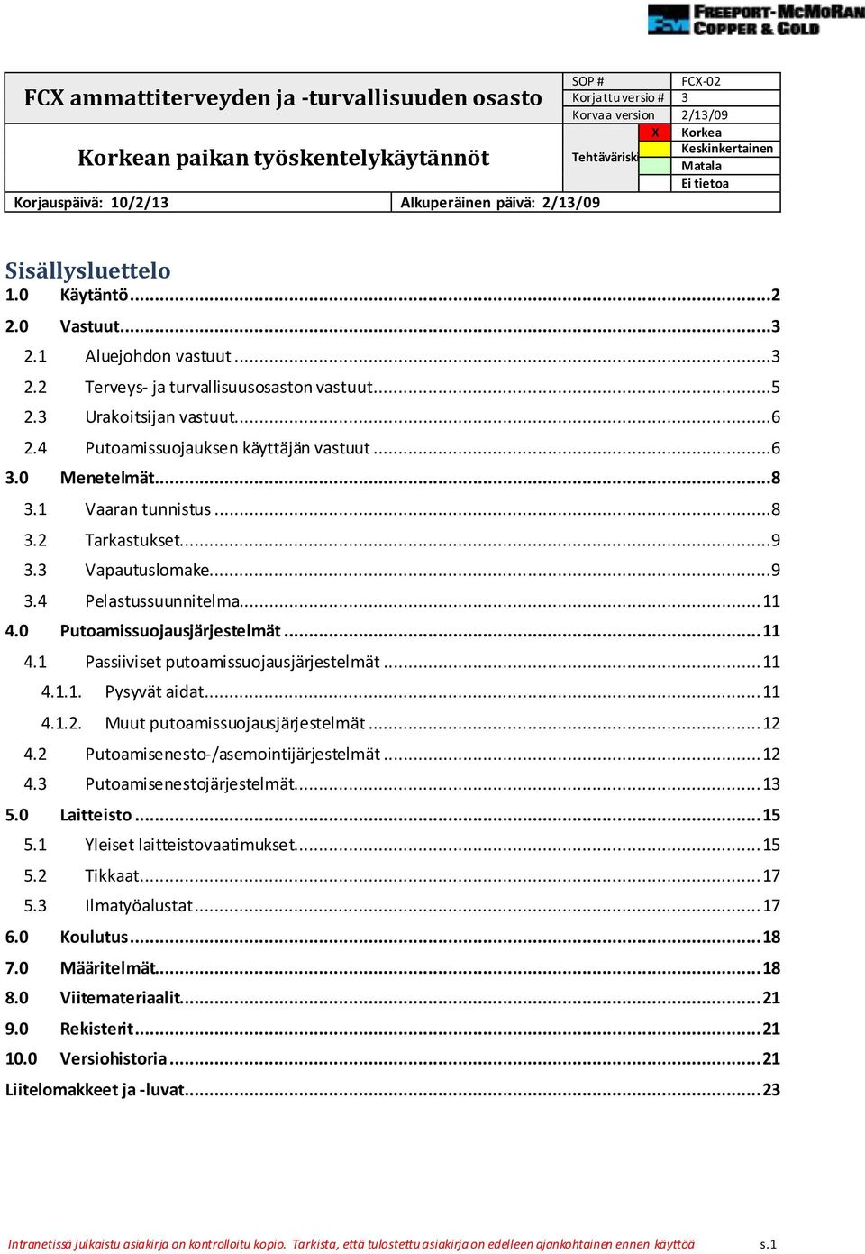 ..6 2.4 Putoamissuojauksen käyttäjän vastuut...6 3.0 Menetelmät...8 3.1 Vaaran tunnistus...8 3.2 Tarkastukset...9 3.3 Vapautuslomake...9 3.4 Pelastussuunnitelma... 11 4.0 Putoamissuojausjärjestelmät.