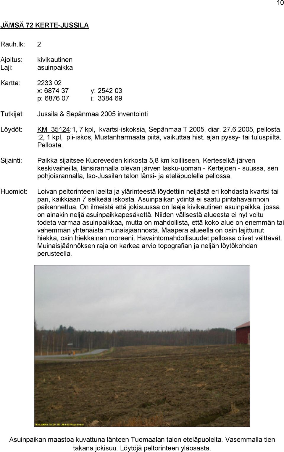 T 2005, diar. 27.6.2005, pellosta. :2, 1 kpl, pii-iskos, Mustanharmaata piitä, vaikuttaa hist. ajan pyssy- tai tuluspiiltä. Pellosta.