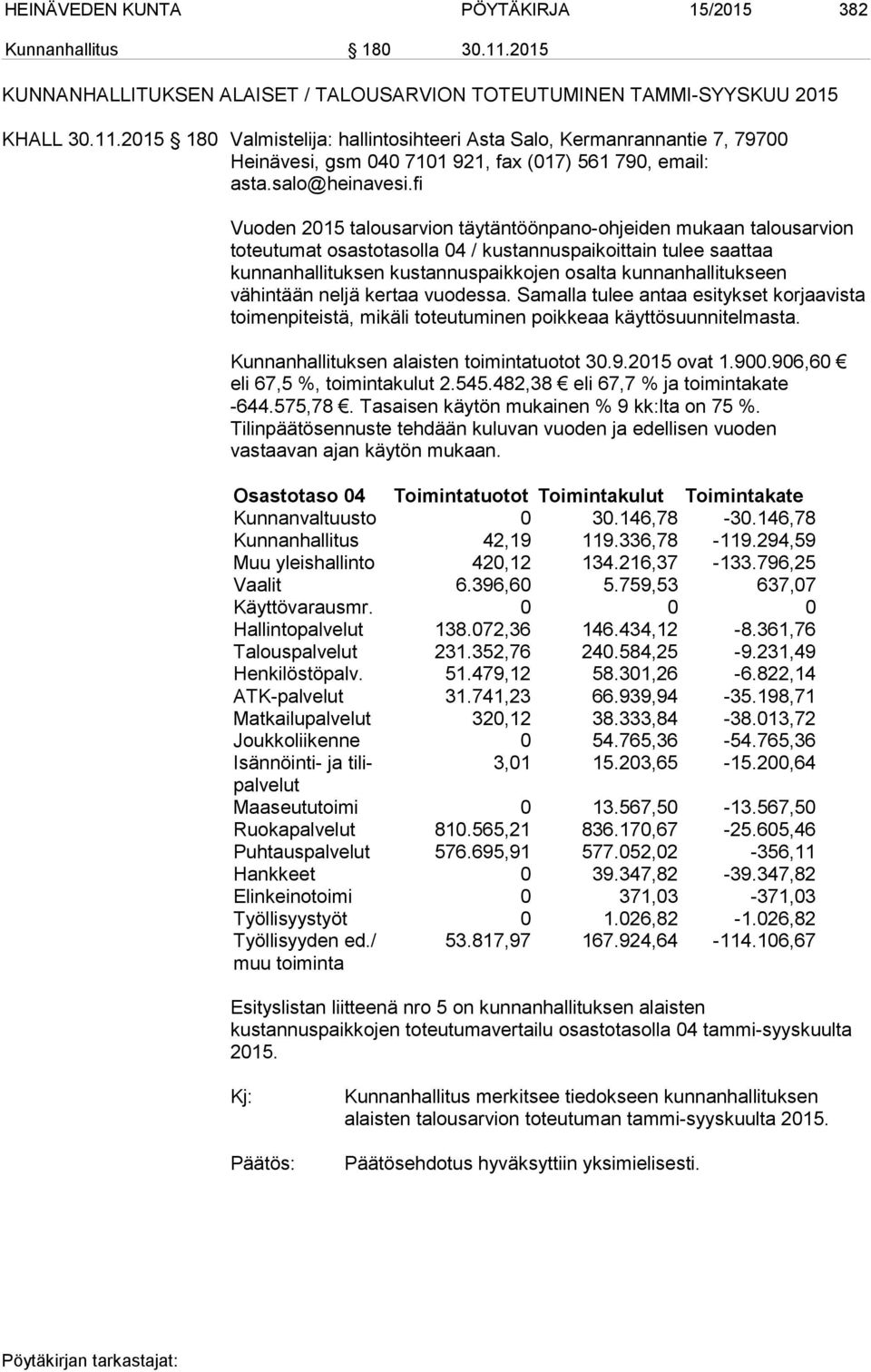 2015 180 Valmistelija: hallintosihteeri Asta Salo, Kermanrannantie 7, 79700 Heinävesi, gsm 040 7101 921, fax (017) 561 790, email: asta.salo@heinavesi.