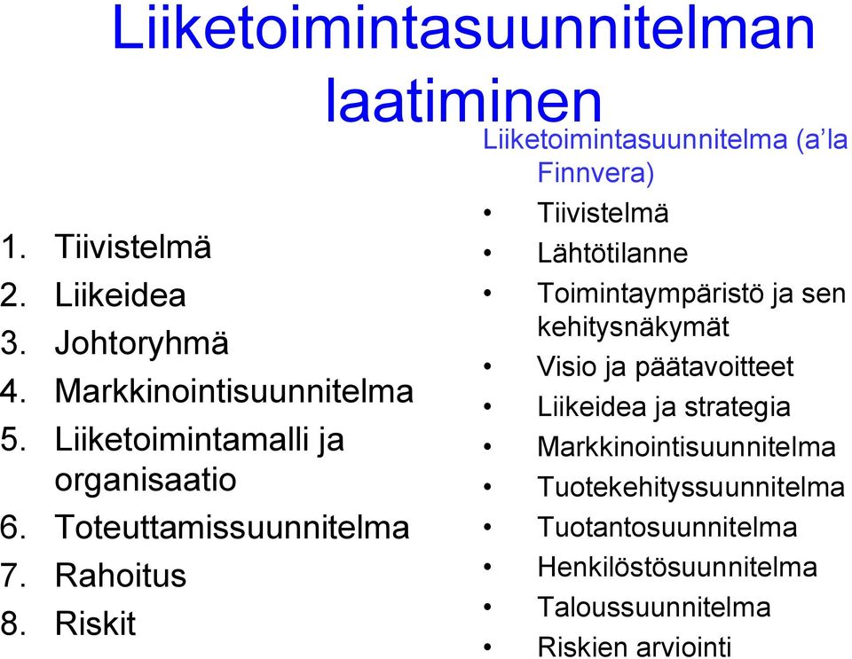 Riskit laatiminen Liiketoimintasuunnitelma (a la Finnvera) Tiivistelmä Lähtötilanne Toimintaympäristö ja sen